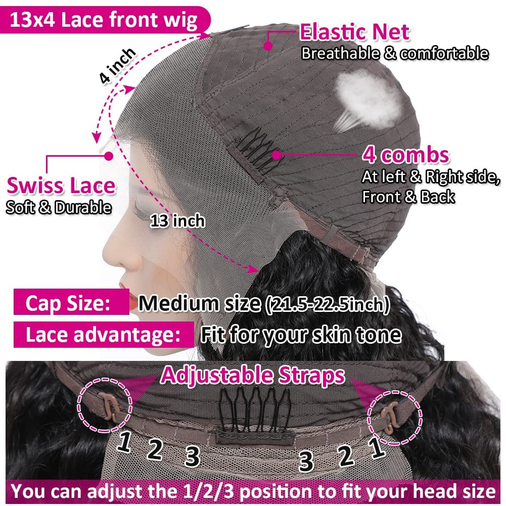 180% Density HD Transparent Deep Wave Lace Front Wig - 13x4 Human Hair Lace Frontal Wig for Black Women - 24 Inch Natural Black Pre-Plucked with Baby Hair - Perfect for Daily Wear, Parties, and Special Occasions
