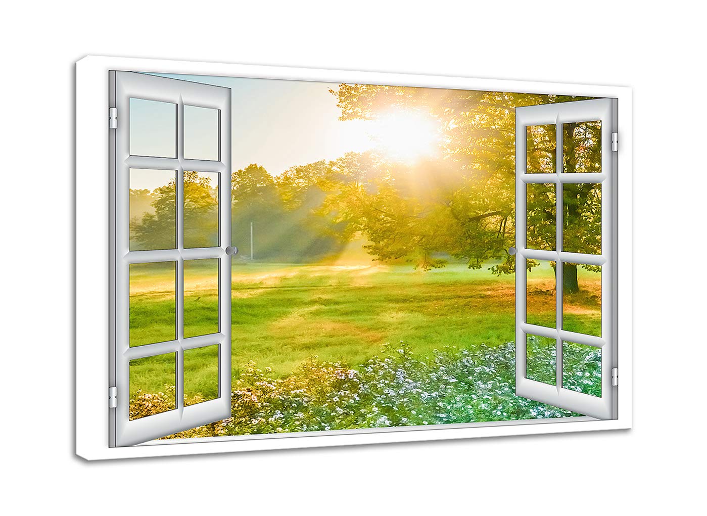 Modern Landscape Wall Art - Open Window Frame Style Tree Meadow Sunset Canvas Print | Stretched & Framed Ready to Hang | Perfect for Living Room, Bedroom & Office Decor | Nature-Inspired Home Accent