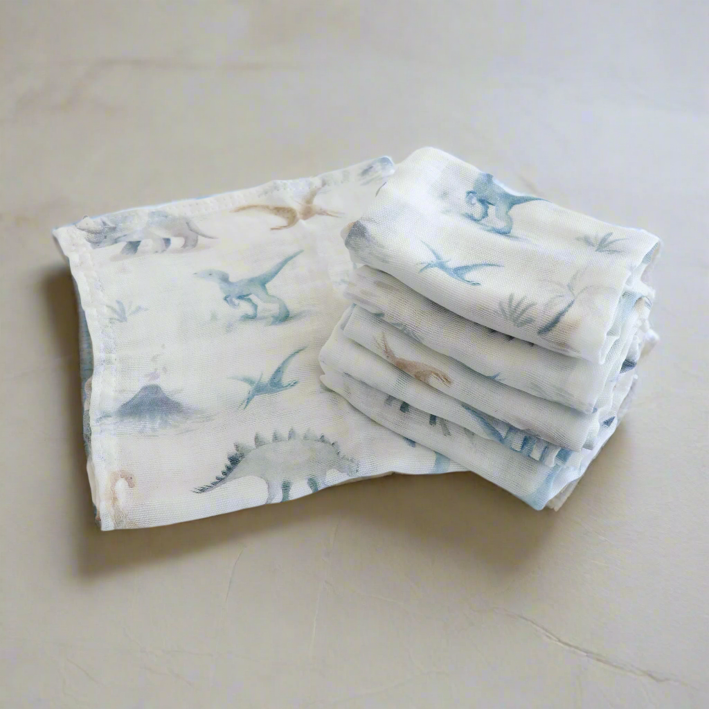 Premium 6-Pack Jurassic Bamboo Muslin Face Cloths - Soft & Eco-Friendly Baby Washcloths for Gentle Skin Care, Bath Time & Makeup Removal
