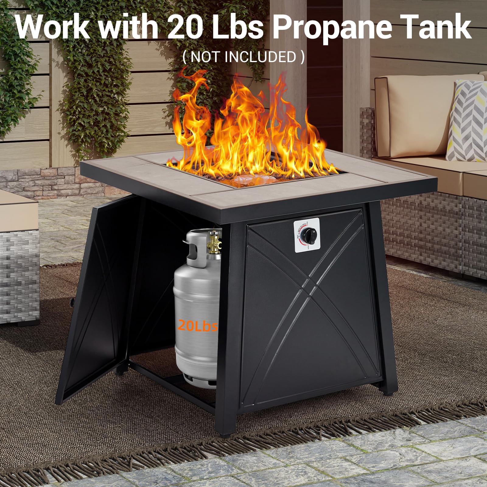 GARVEE 28 Inch Square Propane Fire Pit Table - 50,000 BTU Outdoor Gas Fire Pit with Lid & Lava Rocks - Black Patio Heater for Backyard, Garden, Deck & Outdoor Parties