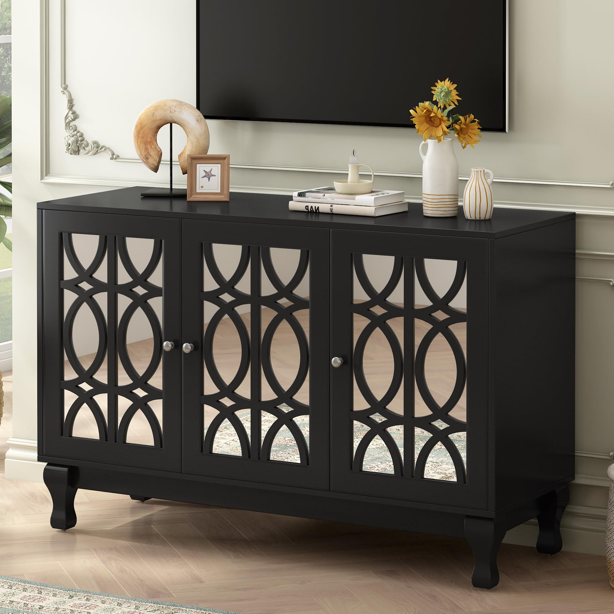 Knocbel 55 Inch TV Stand with Mirror Finish - Modern Entertainment Center with 3 Storage Cabinets, Adjustable Shelves, Solid Wood Legs & Metal Handles (47.2