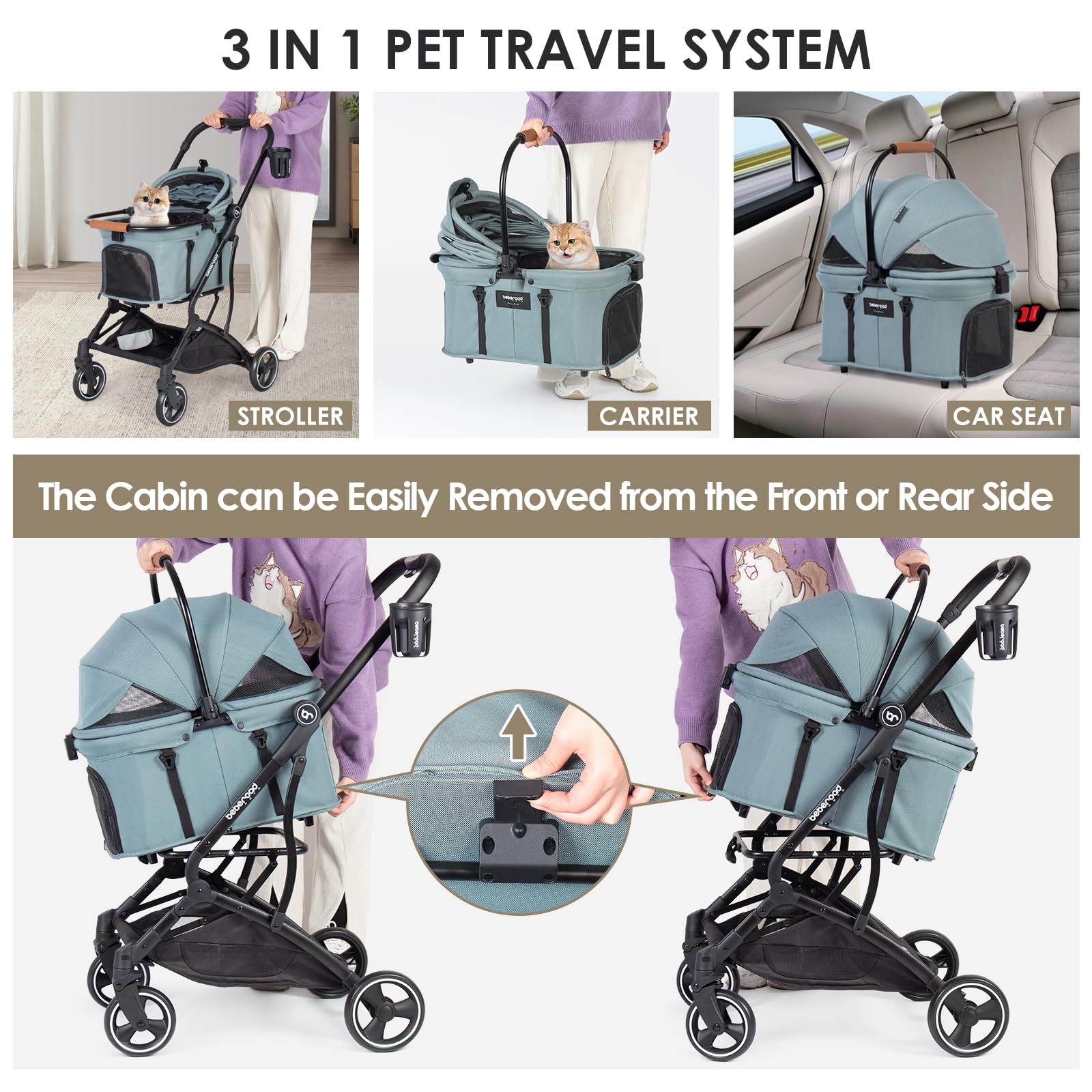 T3 3-in-1 Small Pet Stroller for Dogs & Cats - 4-Wheel Lightweight Folding Design with Removable Carrier, Cushioned Pad, Canopy & Cup Holder - Perfect for Park Walks, Vet Visits & Shopping Trips (Green)