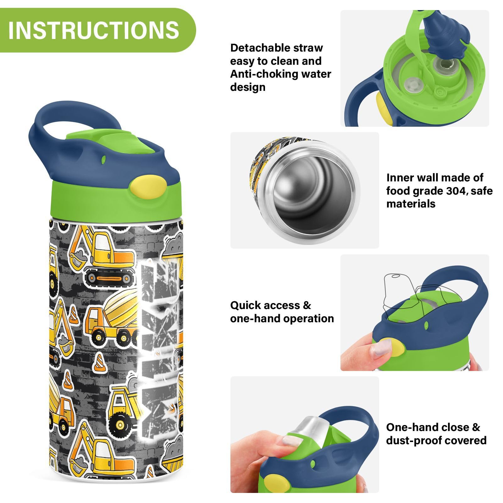 Custom Insulated Stainless Steel Water Bottle with Straw - Personalized Construction Machines Design - Vacuum Insulated Travel & Office Water Bottle for Construction Workers, Outdoor Enthusiasts & Professionals
