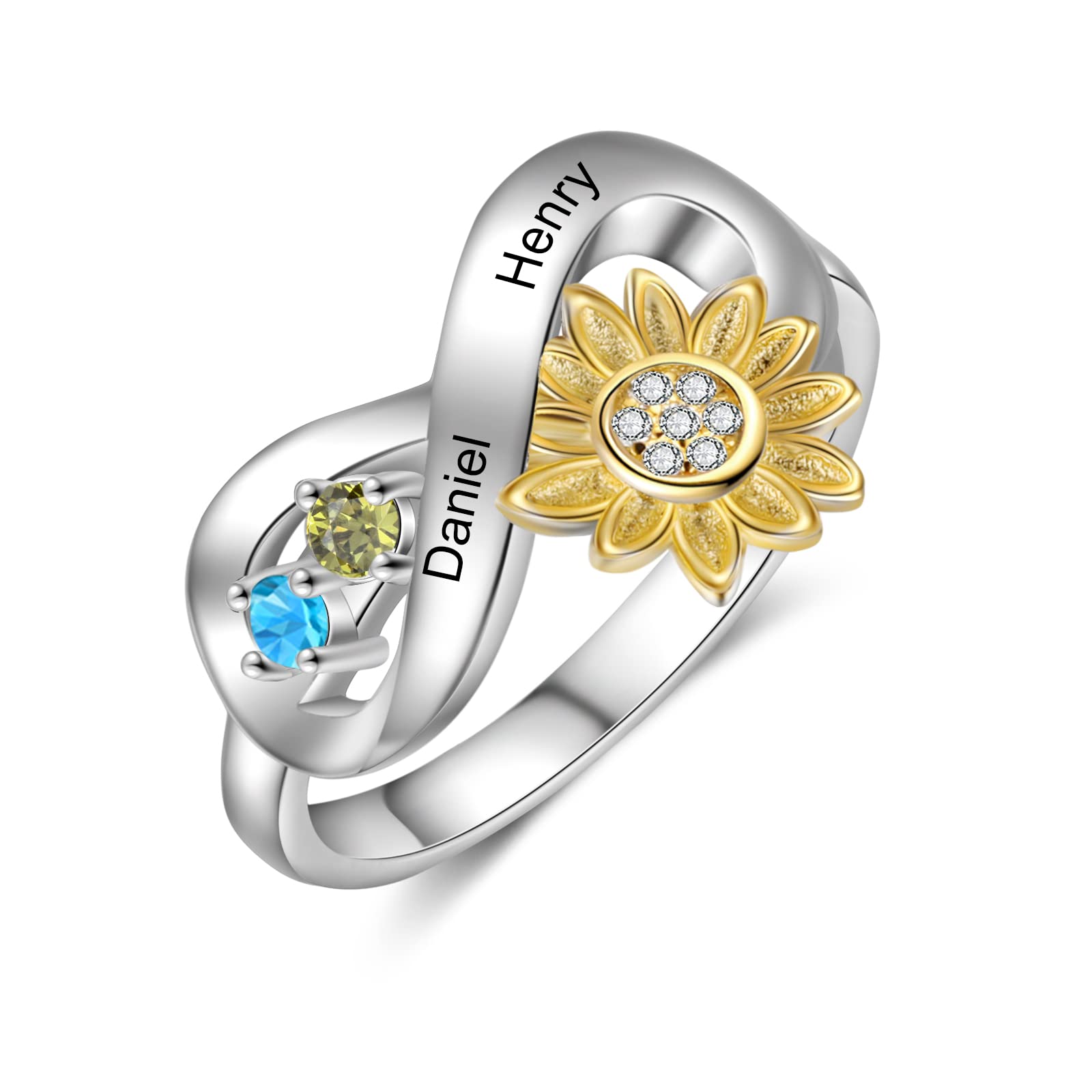 Personalized Sunflower Birthstone Ring for Women - Custom Engraved Infinity Heart Ring with Kids Names - Perfect Mothers Day Gift for Mom, Grandma, Wife, Daughter & Girlfriend - Ideal for Weddings, Anniversaries & Special Occasions