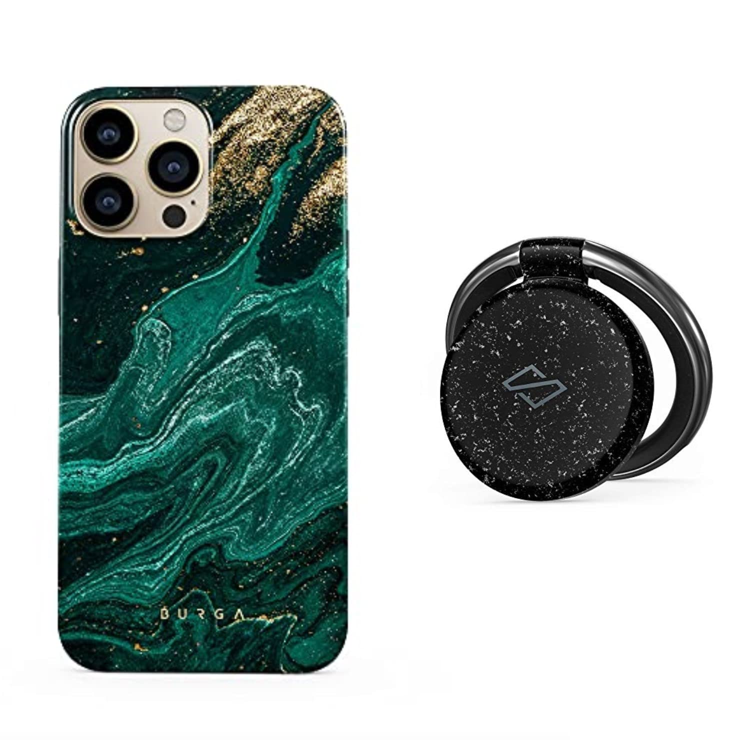 BURGA iPhone 13 PRO Case with Metal Ring Stand Holder - 360° Rotating Finger Grip Kickstand, Heavy Duty Shockproof, Fashionable & Cute Design for Girls (Emerald Pool) - Perfect for Work, Travel, and Everyday Use
