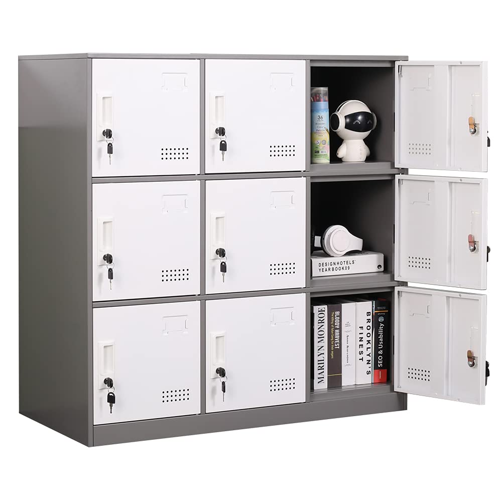 9-Door Metal Locker Storage Cabinet - Heavy Duty Steel Employee Lockers with Key Lock & Ventilation - Secure Office, School & Gym Storage Organizer for Clothes, Equipment & Personal Items