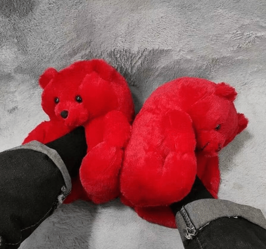 Cozy Red Teddy Bear Plush Slippers for Women & Men - Soft Faux Fur House Shoes with Non-Slip Soles - Perfect for Winter, Home, Lounge & Gift Giving