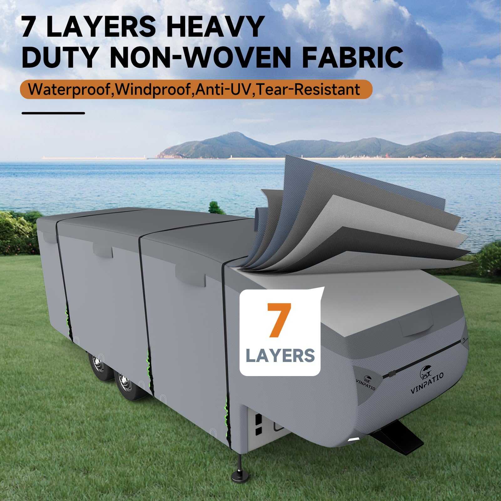 5th Wheel RV Cover Heavy Duty 7-Layer Extra-Thick Waterproof Windproof UV Protection - Fits 28' to 31' Trailers with Gutter Cover & 2 Bonus Straps - Perfect for Winter Storage, Storm Protection & Long-Term Outdoor Parking