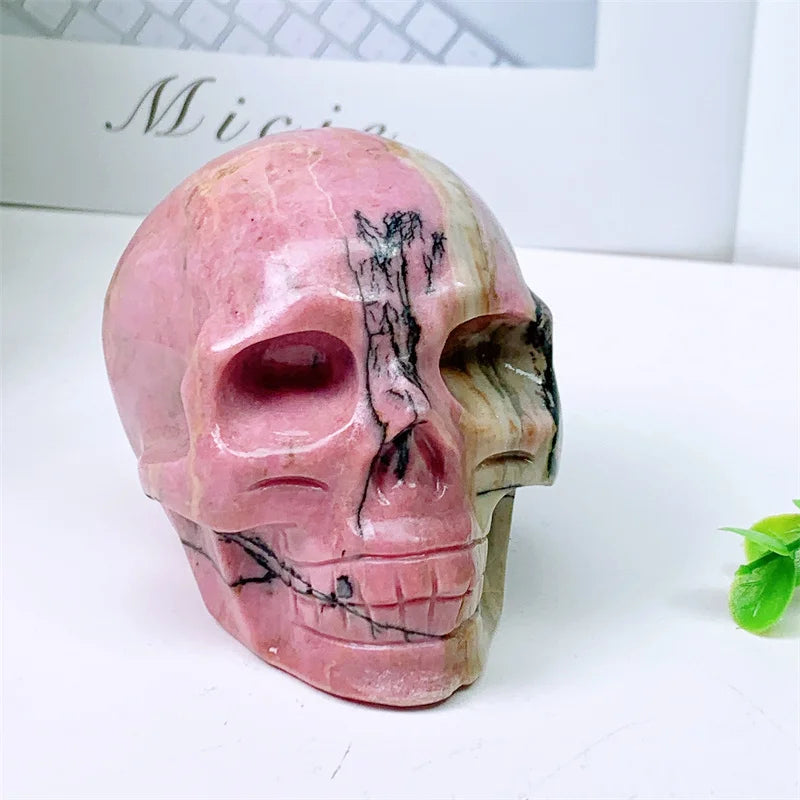 Natural Rhodonite Skull Carving - Handmade Mini Crystal Statue for Home Decor, Witchcraft Altar & Halloween Display (1PC, 676g) | Spiritual Healing Stone, Unique Gift for Collectors & Wiccan Practitioners