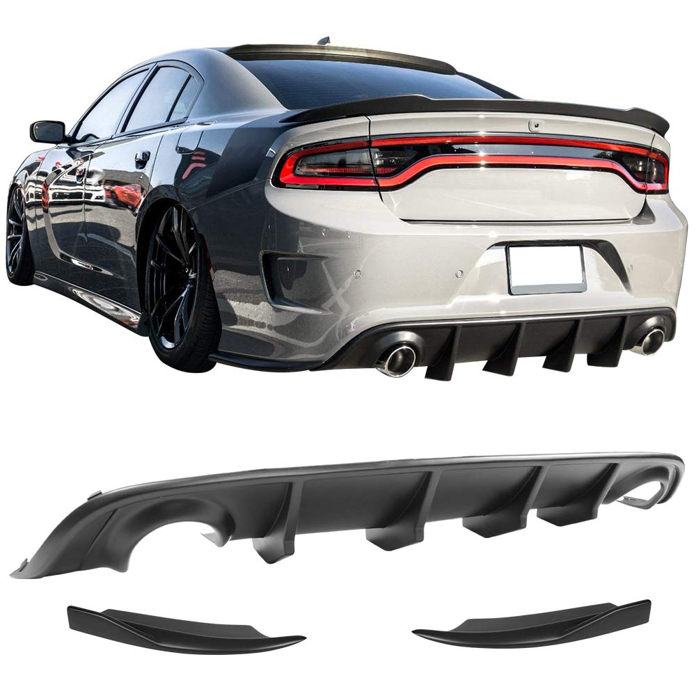 IKON MOTORSPORTS Rear Diffuser & Side Skirts for 2015-2023 Dodge Charger - V2 Style Matte Black Rear Bumper Lip Valance | Aggressive Styling Upgrade for Street & Track Performance