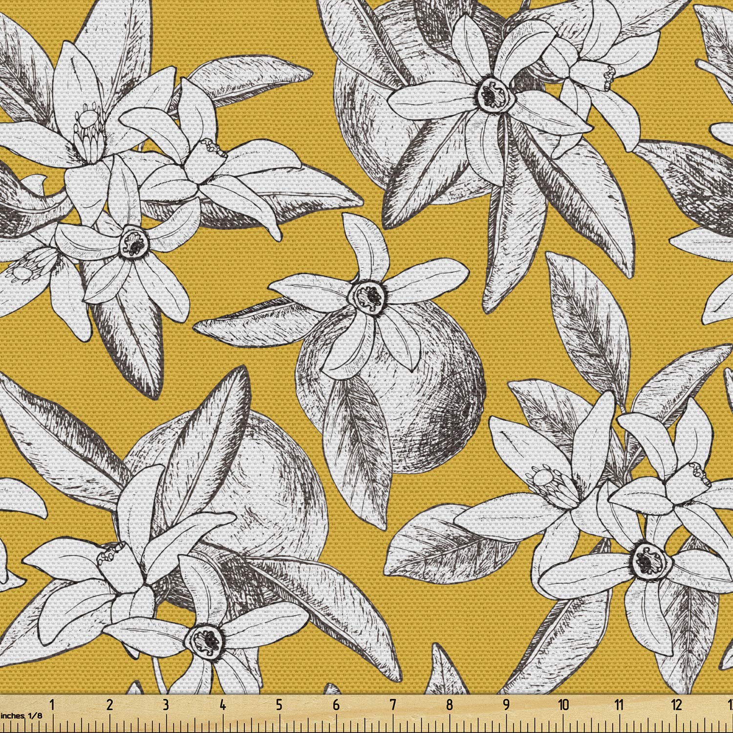 Ambesonne Vintage Fabric by The Yard - Hand Drawn Orange Fruit & Floral Hatched Pattern | 10 Yards Earth Yellow Taupe Upholstery Fabric for Sofa, Curtains & Home Decor | Perfect for DIY Projects, Pillow Covers & Table Runners