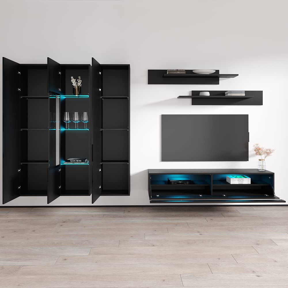 Modern Black Wall-Mounted TV Stand with Storage Shelves & LED Lights - 35