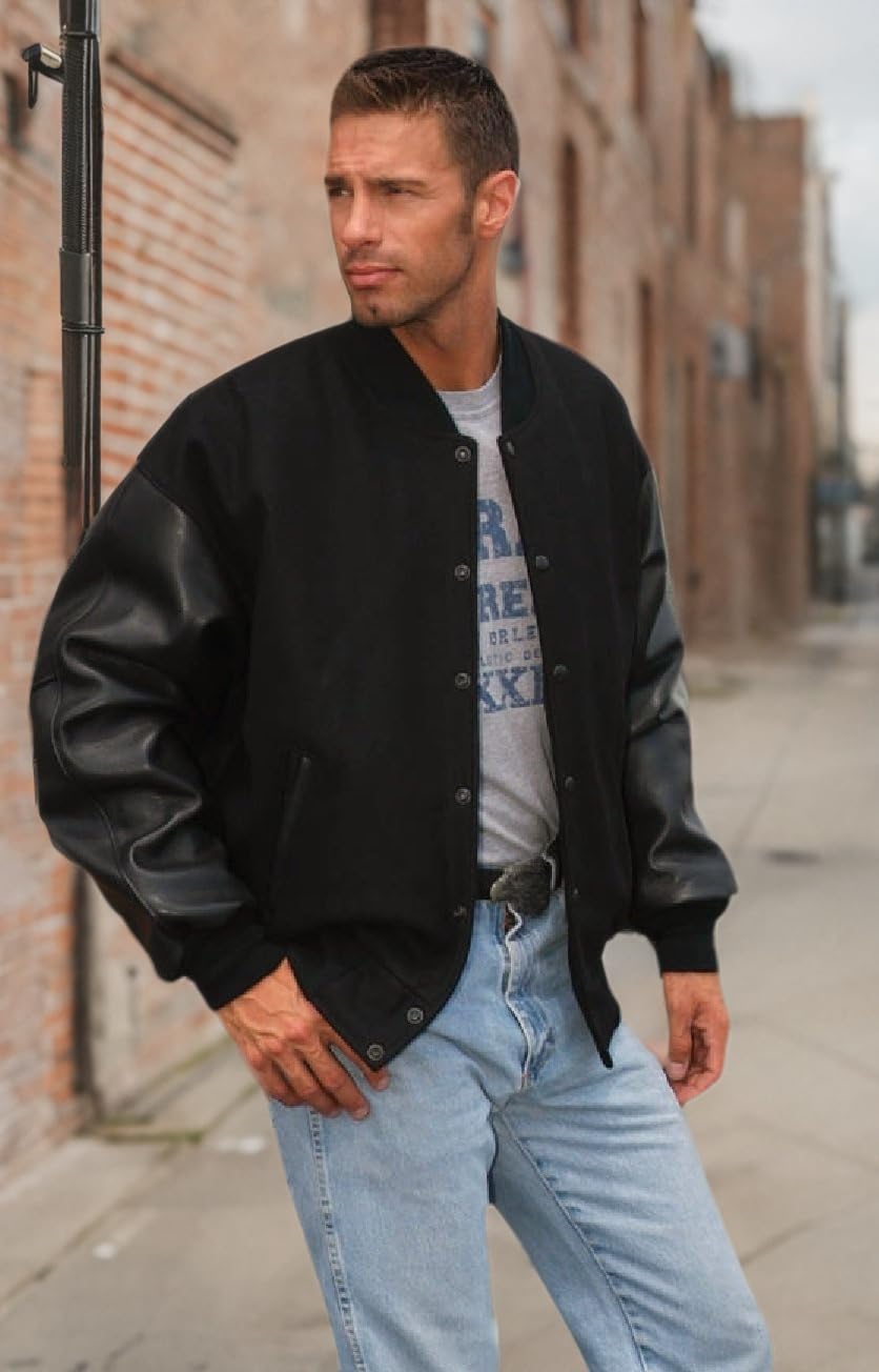 REED Men's Premium Varsity Leather & Wool Jacket - Made in USA | Classic Bomber Style for Casual Wear & College Fashion