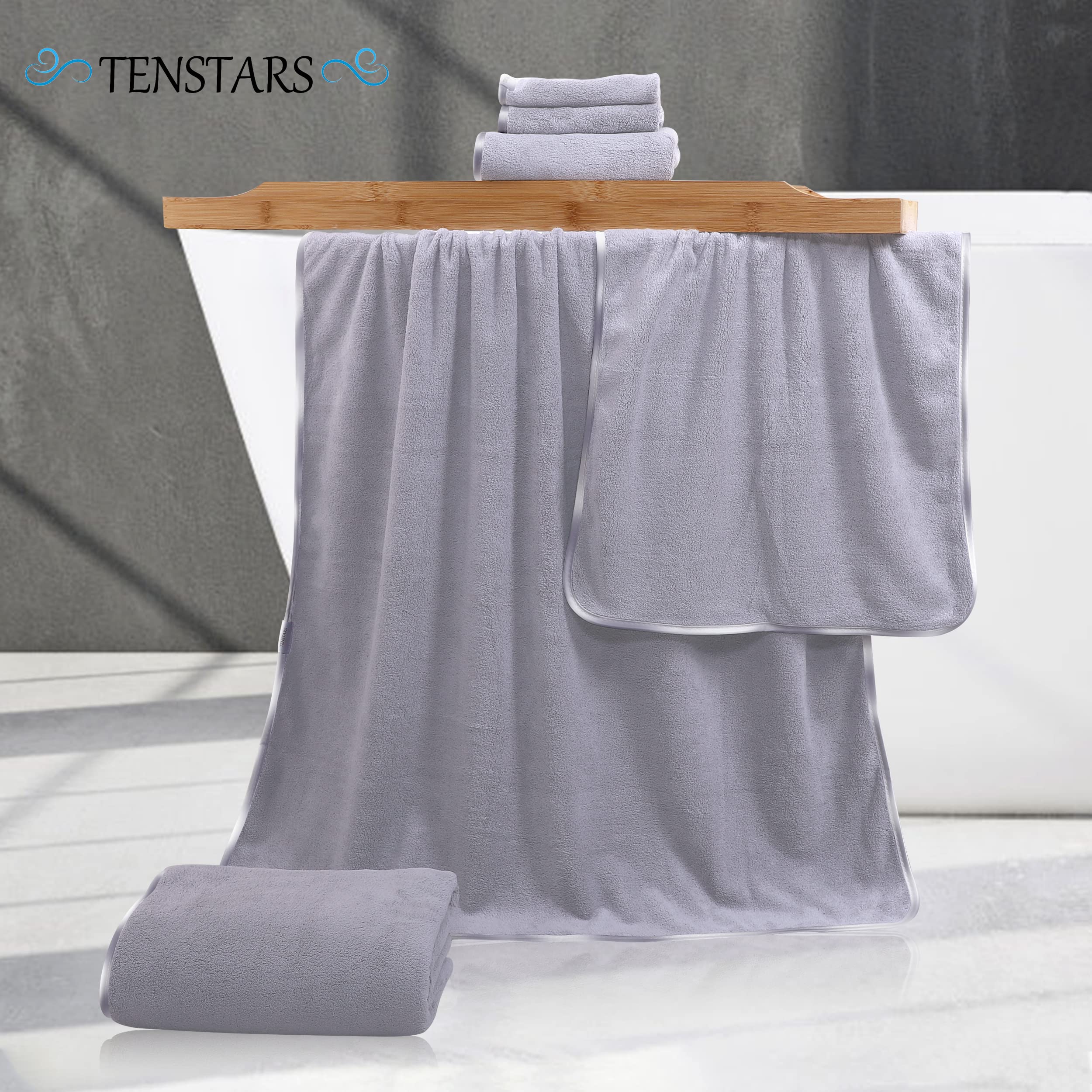 Premium Luxury Silk Hemming Microfiber Towel Set - Ultra Soft, Lightweight & Quick Drying - 2 Bath Towels, 2 Hand Towels, 2 Washcloths (6-Piece Set) - Perfect for Bath, Spa, Gym, Yoga, Travel & Sports - Light Grey