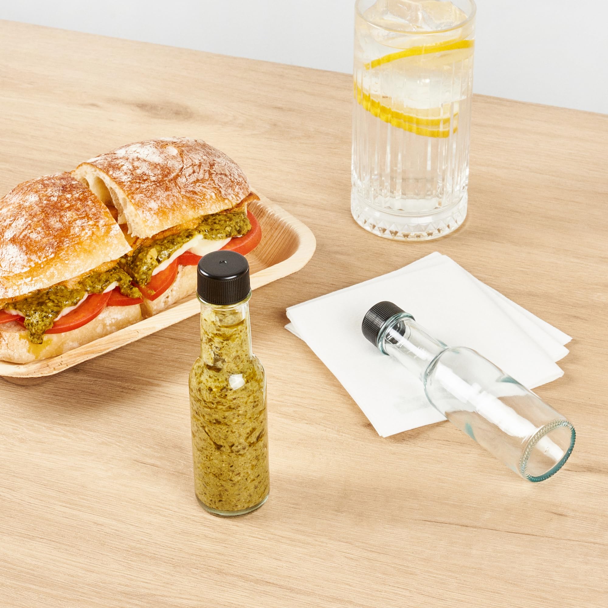 **Vetri 3 oz Clear Glass Woozy Bottles (10-Pack) with Black Caps – Dishwasher Safe & Durable Empty Sauce Bottles for Hot Sauce, BBQ, Salad Dressing, Oil, Tinctures – Perfect for Restaurants, Catering & Home Kitchens**