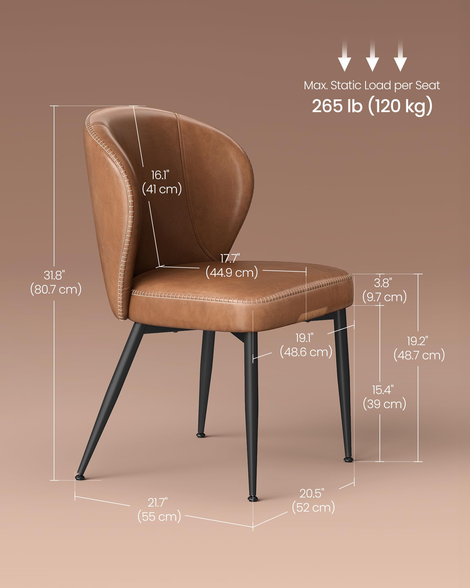VASAGLE EKHO Mid-Century Modern Dining Chairs Set of 2 - Upholstered Kitchen Chairs with Comfortable Synthetic Leather Seat & Stitching - Easy Assembly - Caramel Brown - Perfect for Dining Room, Kitchen, Living Room & Lounge Areas