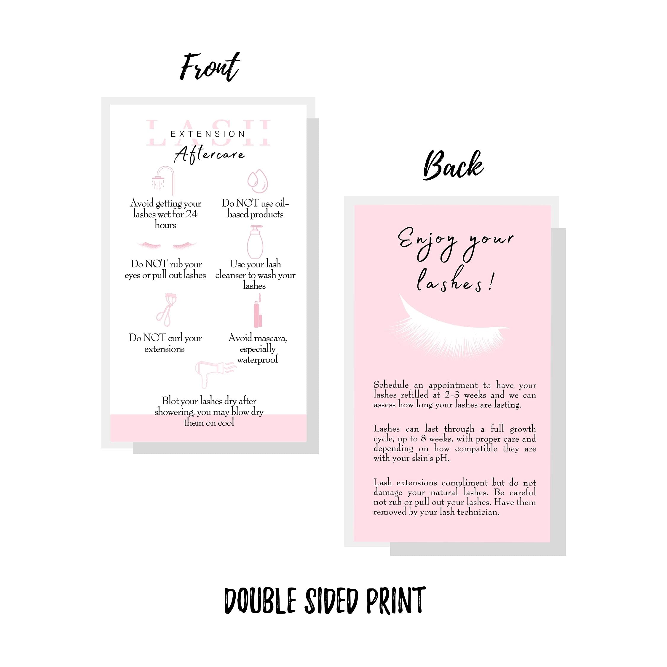 50 Pack Lash Extension Aftercare Cards - 3.5 x 2 Inch Business Card Size - White & Light Pink Eyelash Extension Supplies - Perfect for Lash Technicians & Salons to Educate Clients