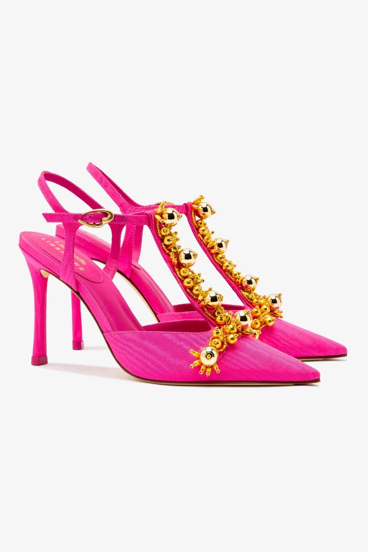 Larroudé x Libertine Women's High Heel Pumps in Magenta Fabric with Golden Ball Accents – Perfect for Parties, Weddings & Evening Events