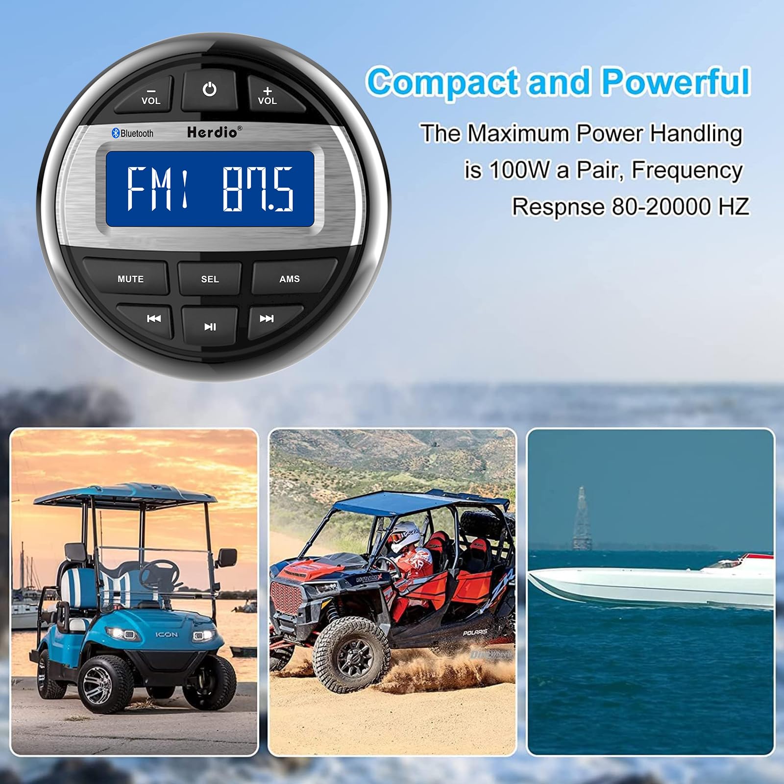 Herdio Marine Bluetooth Radio Speaker Set - 6.5 Inch Waterproof Flush Mount Ceiling Speakers with Marine Gauge Head Unit & Flexible Rubber FM/AM Antenna | Perfect for Boats, Yachts, and Marine Entertainment Systems