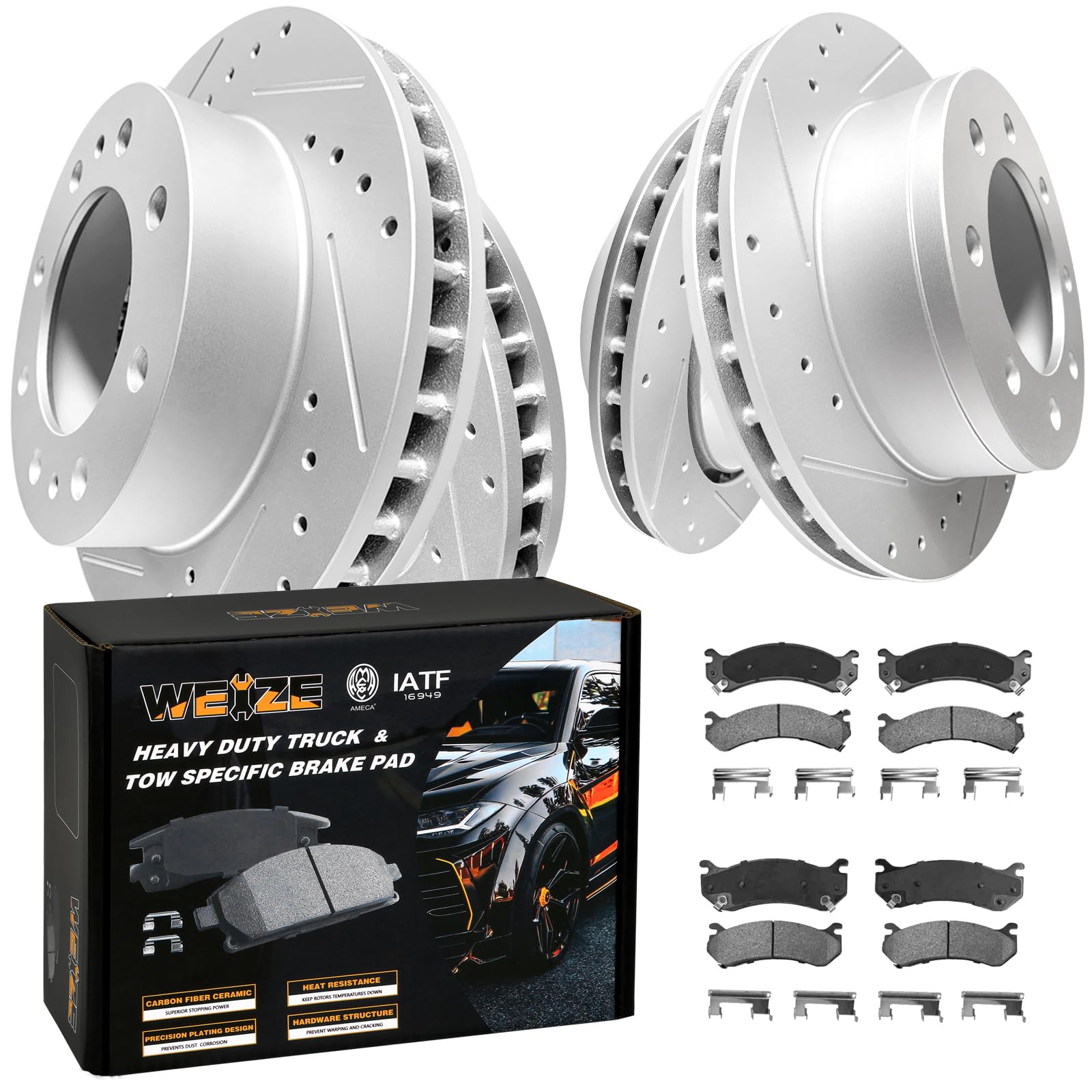 WEIZE Premium Carbon Fiber Ceramic Brake Pads & Drilled/Slotted Rotor Kit - Front & Rear Replacement for Chevy Silverado/GMC Sierra 2500/3500 HD (2001-2010 Models) - Heavy Duty Towing & Off-Road Performance Upgrade