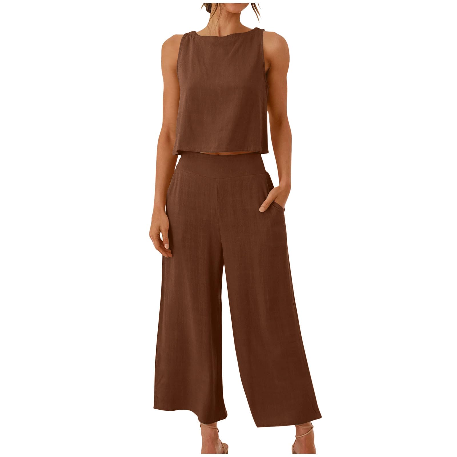 Women's 2-Piece Summer Outfit Set - Linen Crop Top & High Waist Wide Leg Capri Pants Lounge Wear | Casual Chic Matching Set for Beach, Vacation & Everyday Comfort