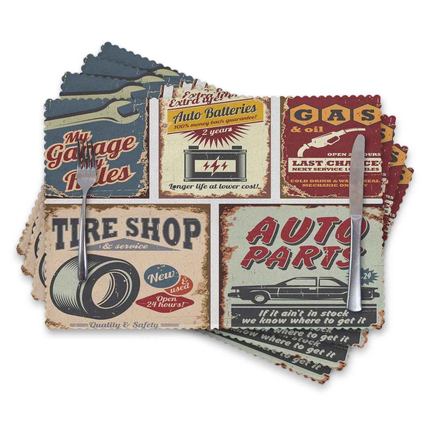 Heat-Resistant & Stain-Resistant Washable Cloth Placemats Set of 4 - Vintage Car Signs Automobile Advertising Design for Garage & Auto Repair Shop Decor - Perfect for Dining Table, Kitchen, Restaurant & Man Cave Decor