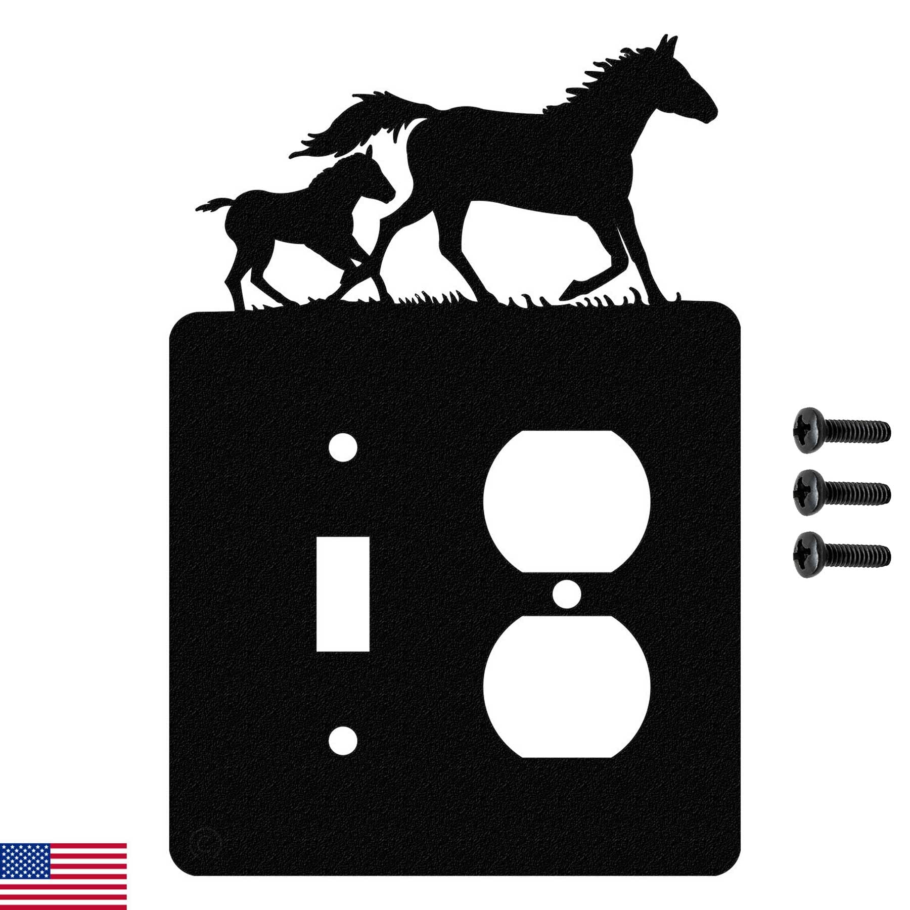 Mare & Foal Horse Toggle Light Switch & Single Duplex Wall Plate - Black, Made in USA | Decorative Light Switch Cover for Farmhouse, Ranch, or Equestrian-Themed Home Decor