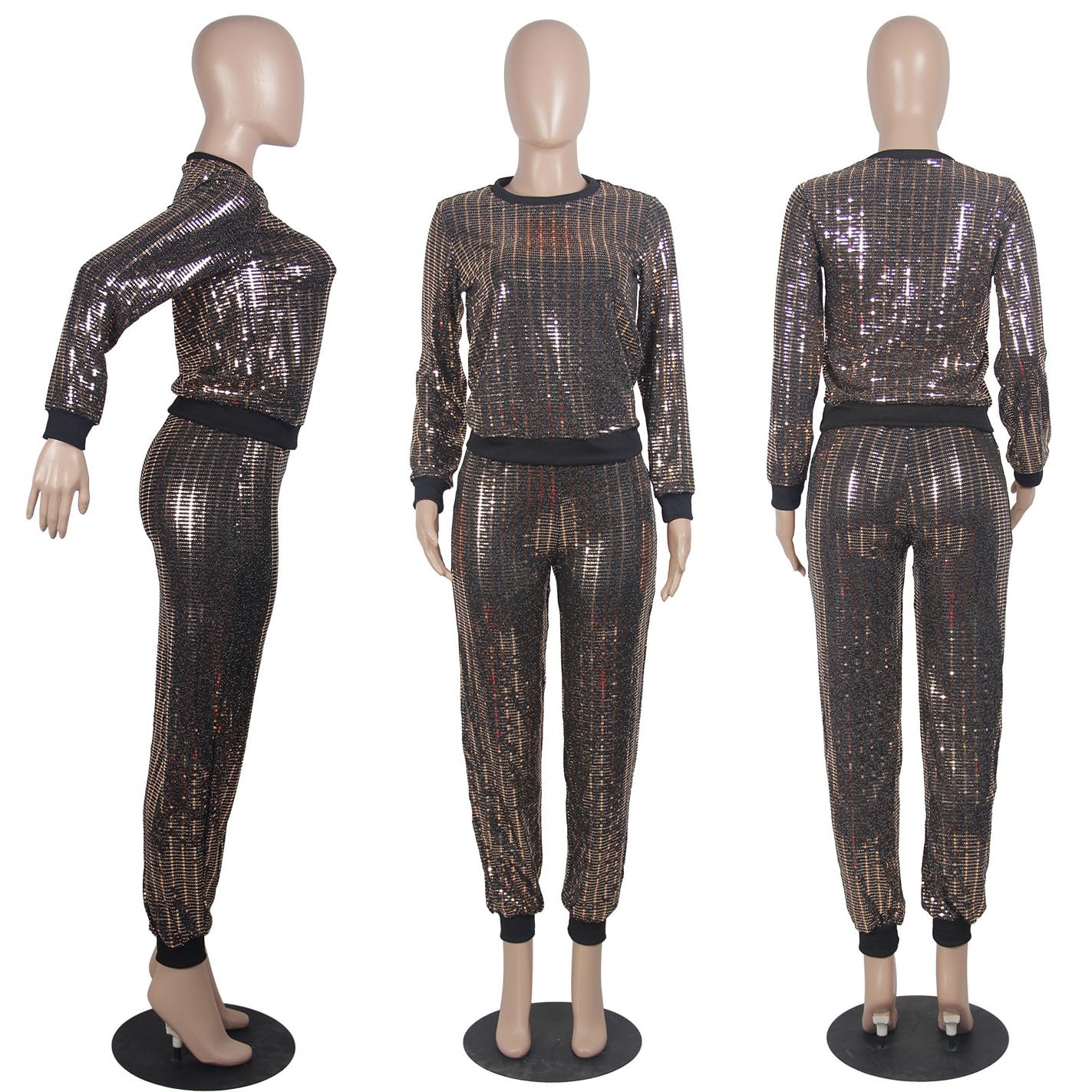 Women's Shiny Tracksuit Set - Round Neck Pullover & Bodycon Sweatpants Jumpsuit in Brown | Gym Workout, Yoga, Running, Lounge Wear, Casual Outfit