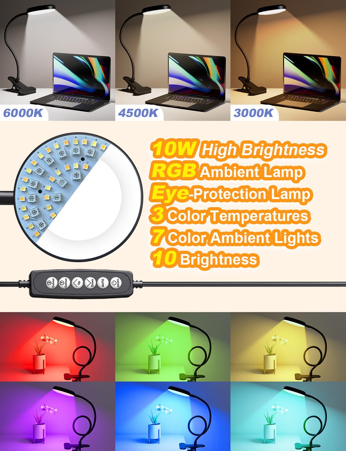 2-in-1 Clamp Desk Lamp with 10W Adjustable Gooseneck - RGB Color Changing & Warm White LED Light for Reading, Studying, Night Light - Perfect for Bed Headboard, Computer Desk, Office and Dorm Room (Black)