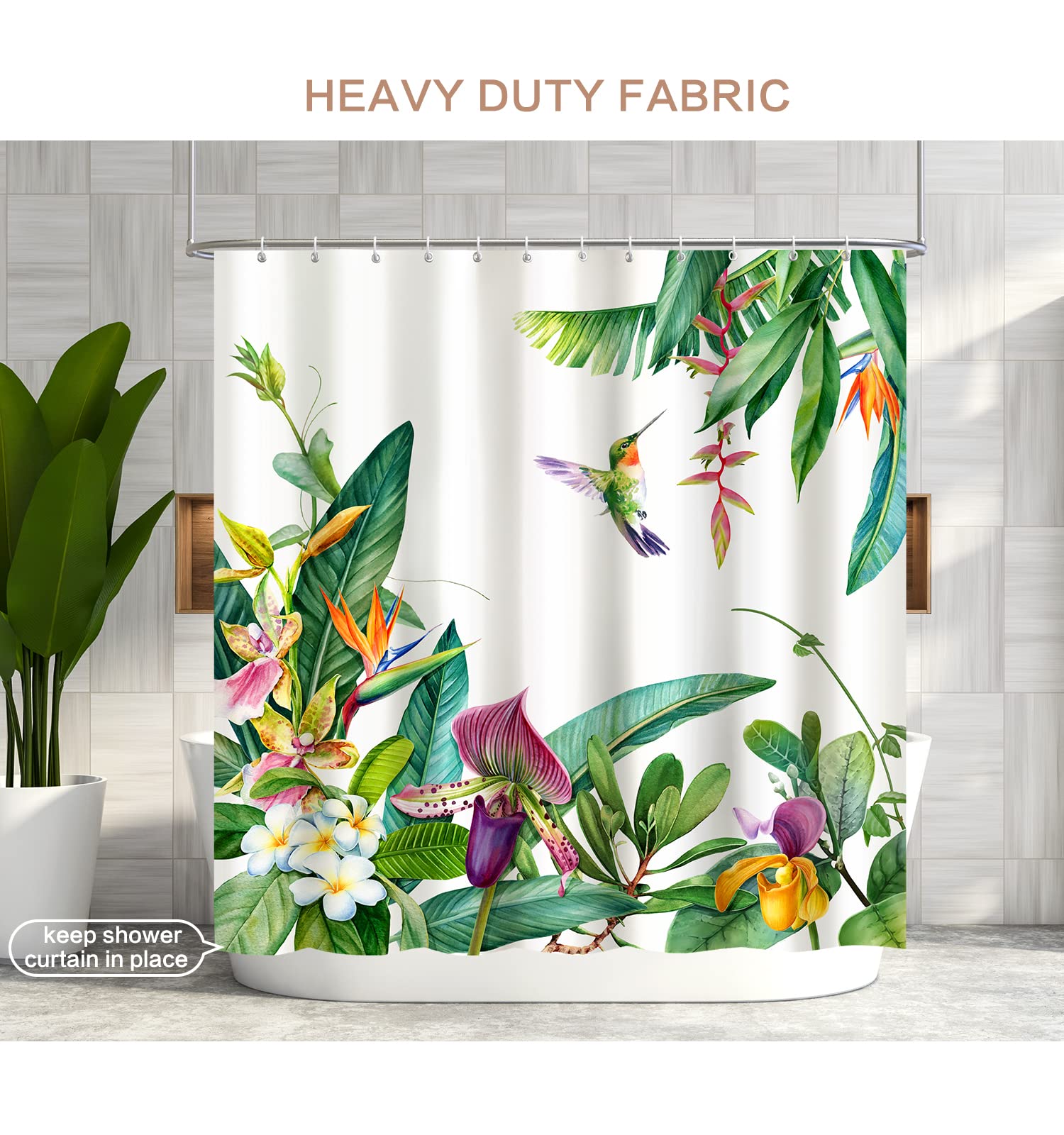 Green Plants & Hummingbird Waterproof Polyester Shower Curtain Set - 72x72 Inches Quick-Drying Bathroom Decor with 12 Hooks, Machine Washable - Perfect for Spring Refresh, Farmhouse or Nature-Themed Bathrooms