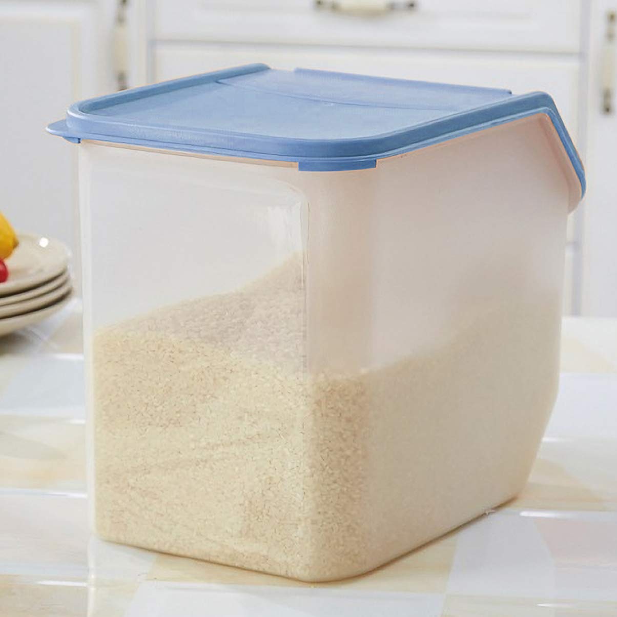 Cabilock Large Plastic Rice Storage Container with Dispenser - 10L Food Grain Holder for Rice, Flour, Cereal, Bread - Airtight Pantry Organizer for Kitchen, Home, Office (Blue) - Perfect for Meal Prep, Bulk Food Storage & Space Saving