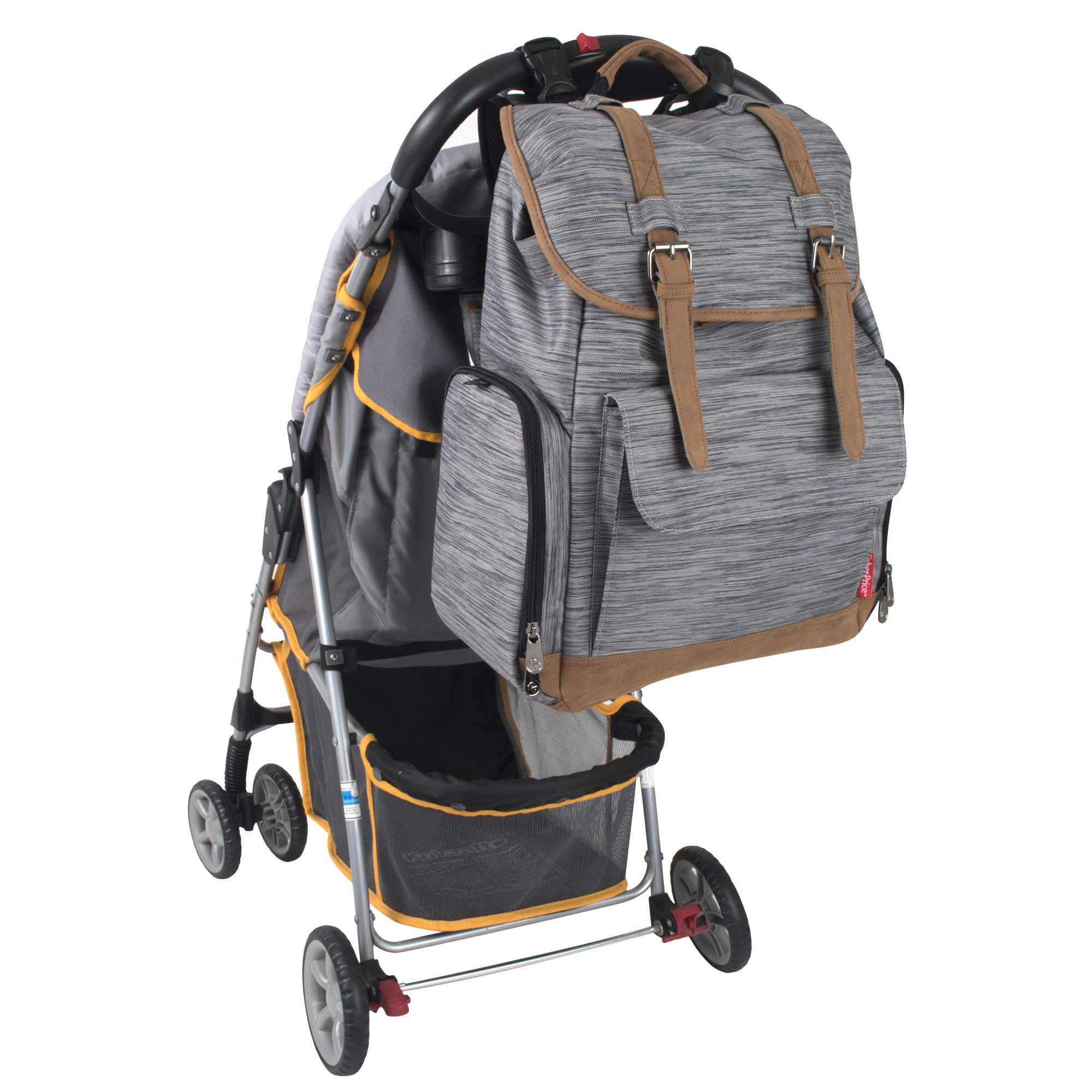 Fisher-Price Insulated Baby Backpack with Drawstring, Stroller Clips & Wipe Storage Pocket - Light Gray Cairn Design for Diaper Bags, Daycare & Travel Essentials