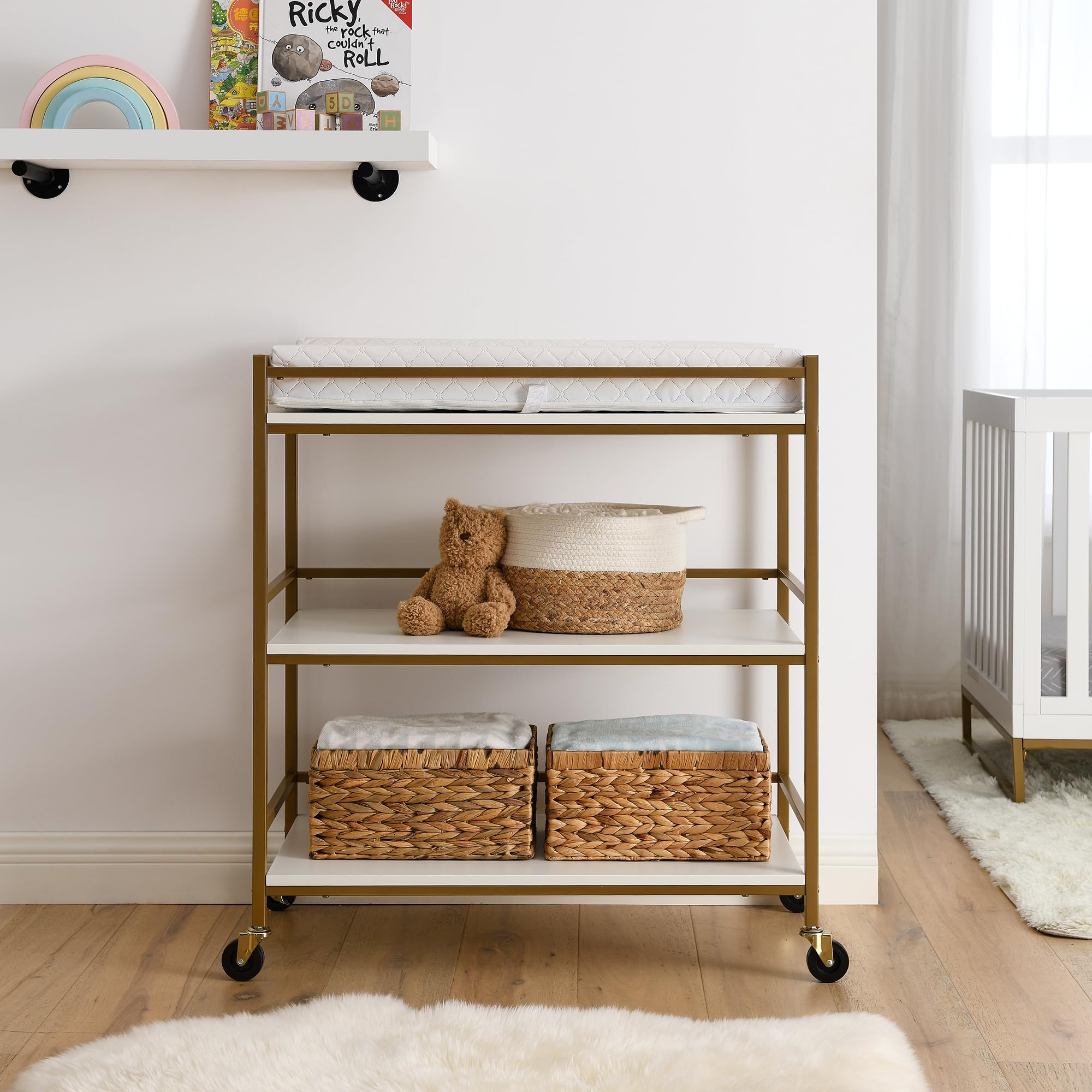 Delta Children Jade Changing Table & Cart - White Melamine with Bronze Accents | Nursery Organization & Baby Care Essentials for New Parents