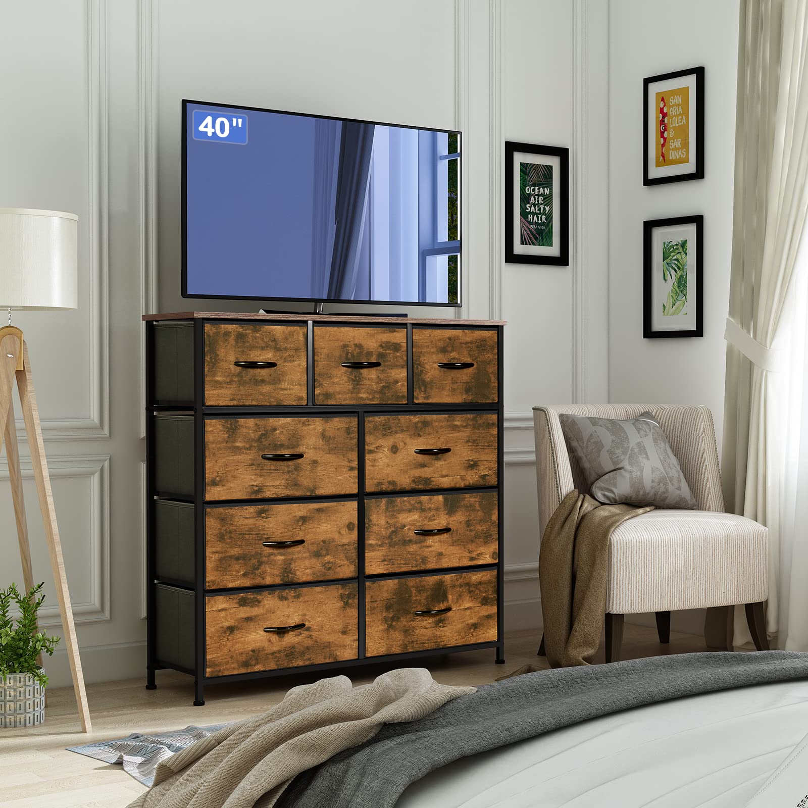 LYNCOHOME 9-Drawer Fabric Dresser with Wood Top - Large Storage Chest of Drawers for Bedroom, Living Room, Kids Room & Closet - Easy Assembly Home Organization Furniture (Sepia Print) - Perfect for Small Spaces, Dorm Rooms & Apartment Storage Solutions