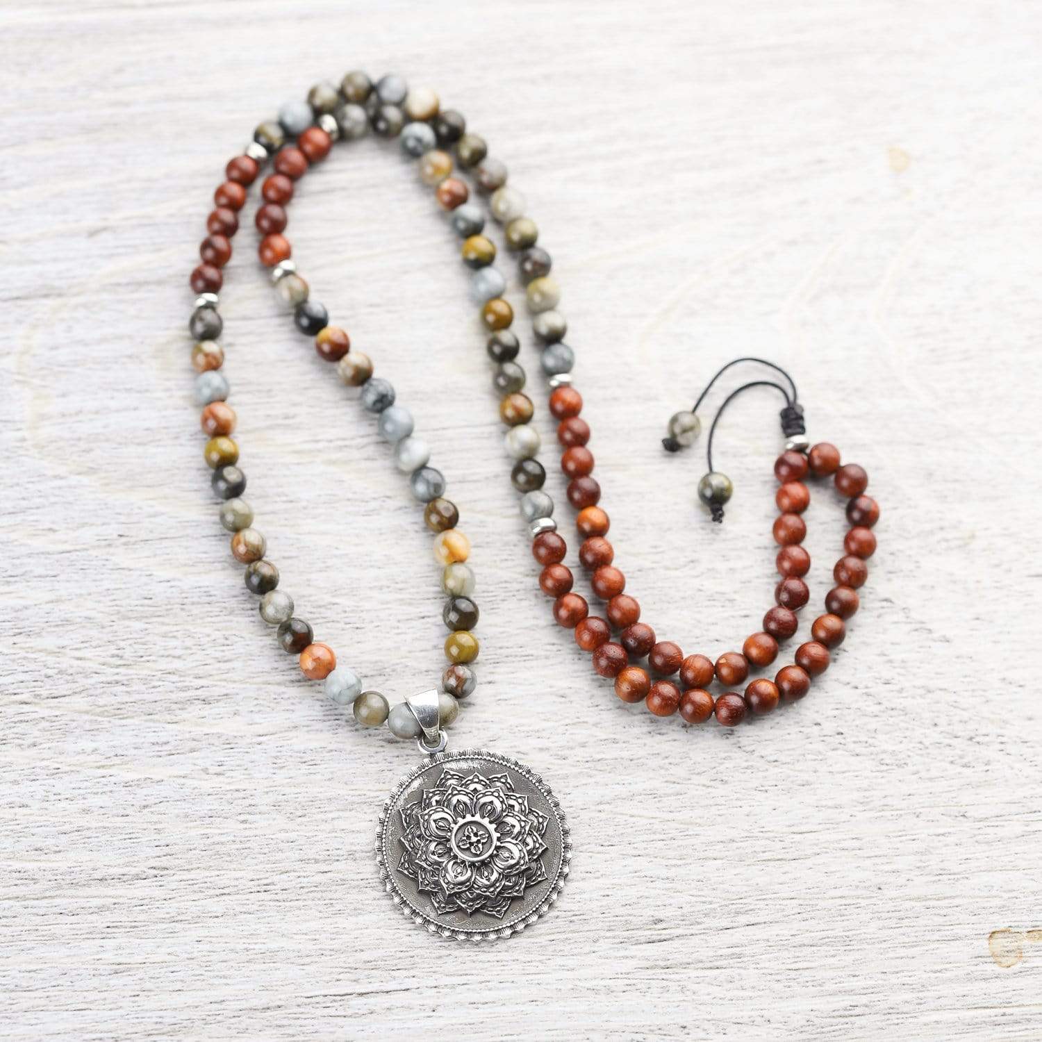 Hawkeye and Wood Mandala Mala Beads - Handcrafted Meditation & Prayer Necklace for Yoga, Mindfulness & Spiritual Healing