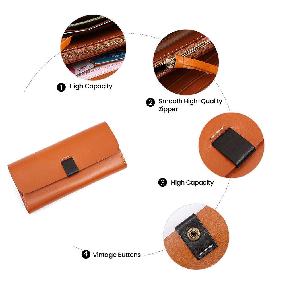 Handmade Genuine Leather Long Bifold Wallet for Women - Slim RFID Blocking Wallet with Multiple Card Slots & ID Window - Perfect for Everyday Use, Travel, and Gift Giving