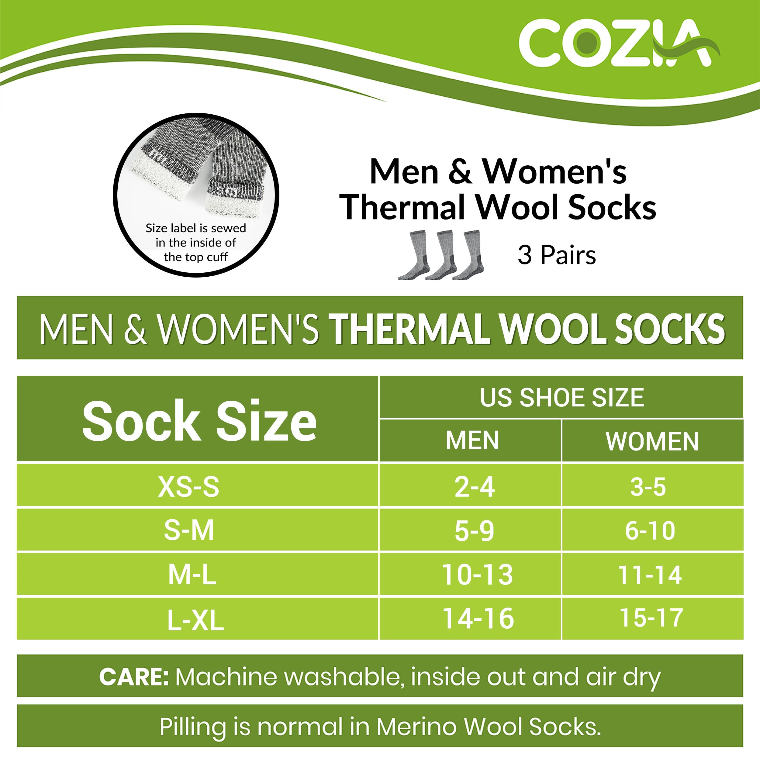 COZIA Merino Wool Socks for Men & Women - Warm Thermal Boot Hiking Socks (3 Pairs) - Perfect for Winter Outdoor Activities, Camping & Cold Weather Adventures