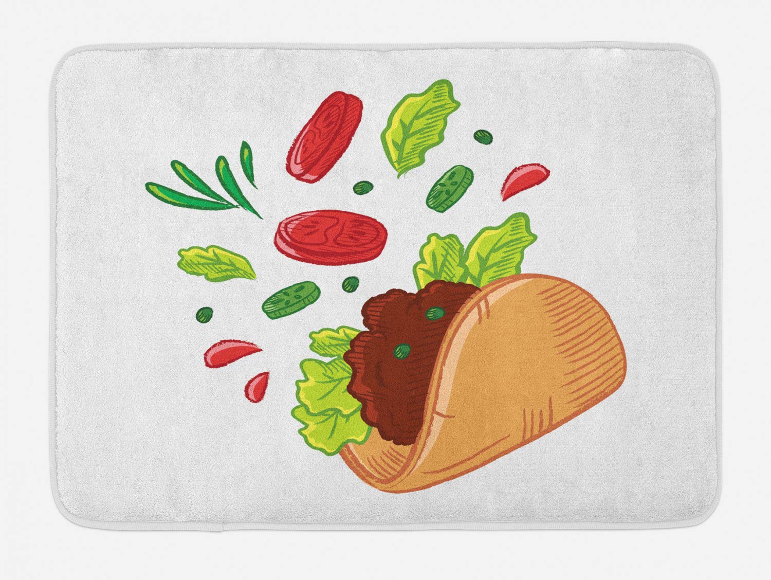 Ambesonne Non-Slip Taco Bath Mat - Soft Plush Vegan Mexican Fast Food Decor with Wheat Tortilla, Lettuce & Tomato Design, 30.2 x 20 Inches, Lime Green & Sand Brown - Perfect for Kitchen, Bathroom or Dorm Room Decor