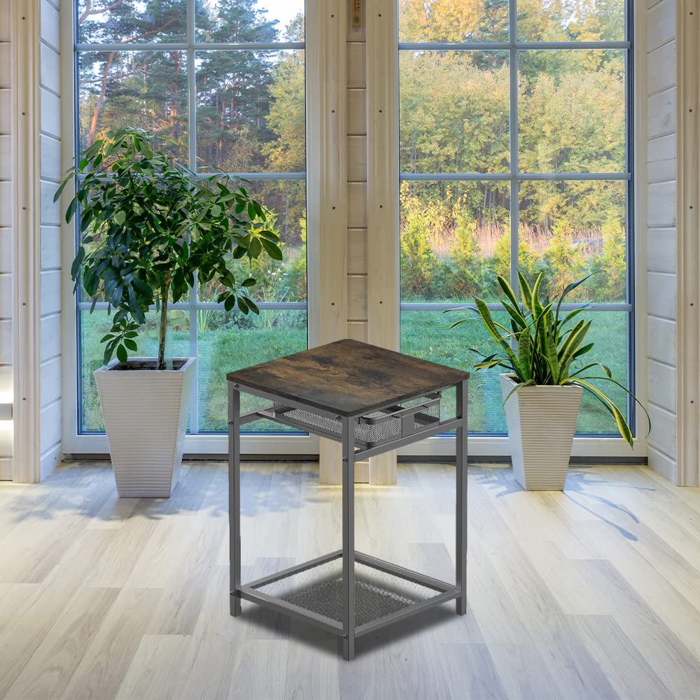 Rustic Brown/Grey End Table with Grid Storage Drawer - Nightstand Sofa Side Table for Living Room & Bedroom - Perfect for Small Spaces, Apartments, and Home Decor