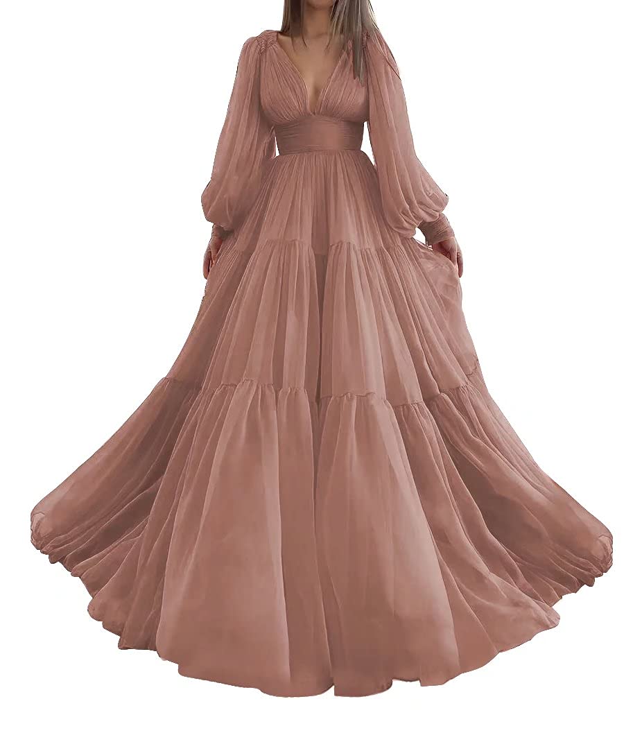 Elegant Long Sleeve Tulle Ball Gown Prom Dress - V-Neck Formal Evening Gown for Women in Dusty Rose (Size 4) | Perfect for Weddings, Galas & Special Occasions