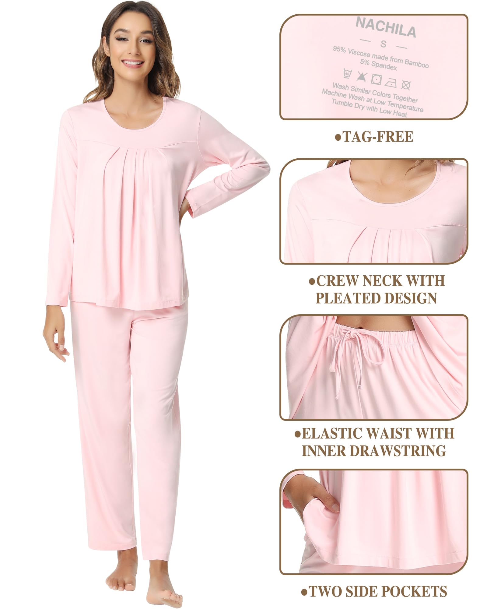 NACHILA Women's Bamboo Viscose Pajama Set - Long Sleeve Comfy Loungewear for Sleep & Relaxation