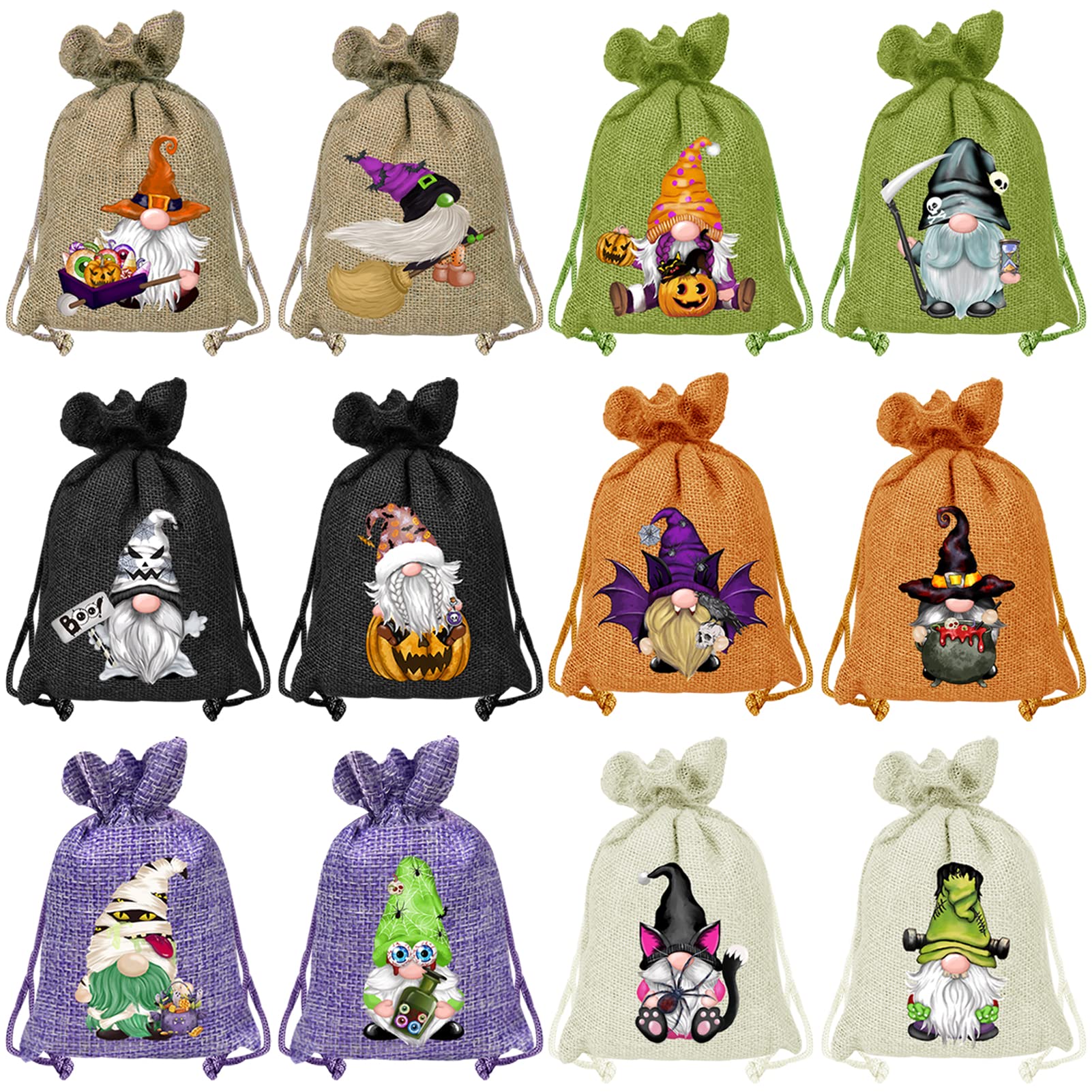 Halloween Burlap Treat Bags with Drawstrings - 24Pcs Watercolor Gnome Candy Bags, 12 Unique Designs - Mini Jute Linen Goody Bags for Kids Halloween Party Favors, Trick or Treat Supplies & Gift Fillers (Perfect for Classroom Treats, Halloween Events & Party Decorations)