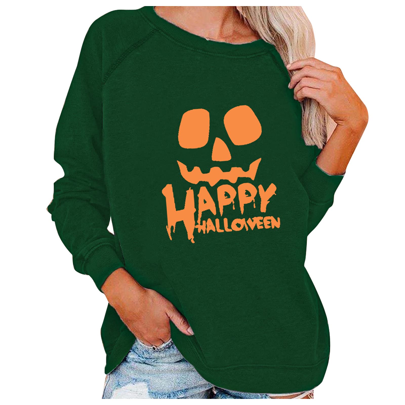 Women's Halloween Pumpkin Print Long Sleeve Sweatshirt - Lightweight Casual Pullover Top for Fall & Cozy Seasonal Outfits | Perfect for Pumpkin Patch Visits, Halloween Parties & Autumn Layering