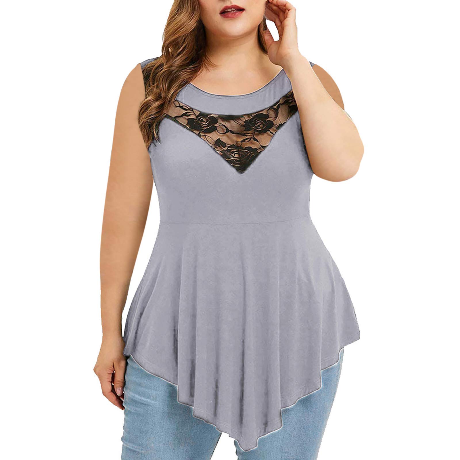 Floral Lace Plus Size Women's Sleeveless Blouse - Asymmetric O-Neck Solid Top for Casual Wear & Summer Outfits