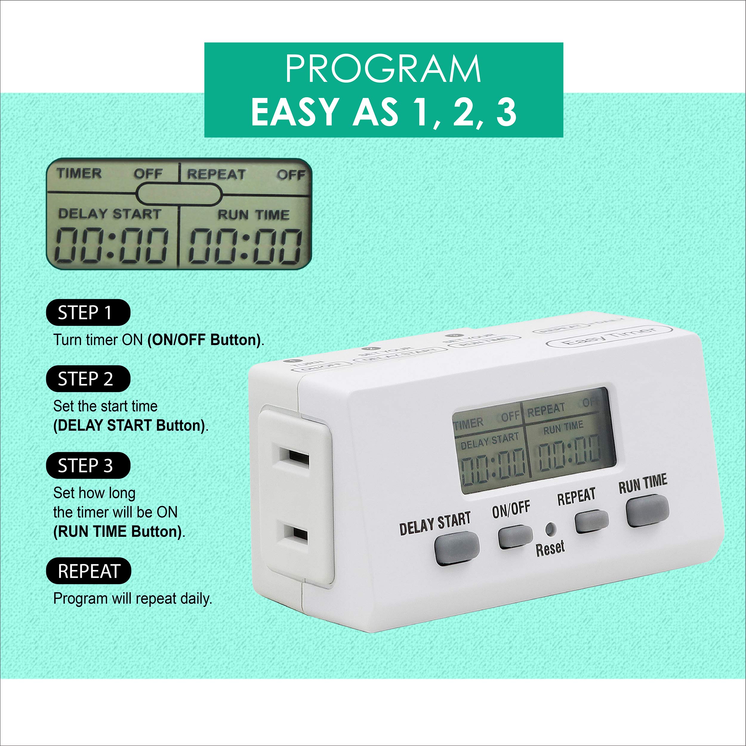 Dual Pack Clear Power Indoor Timer with Polarized Outlet - EZ Digital Timer for Lamps, Fans & Grow Lights (White, Polarized Plug, 2-Pack DCIT-0010-DC) - Perfect for Home Automation, Energy Savings & Plant Growth