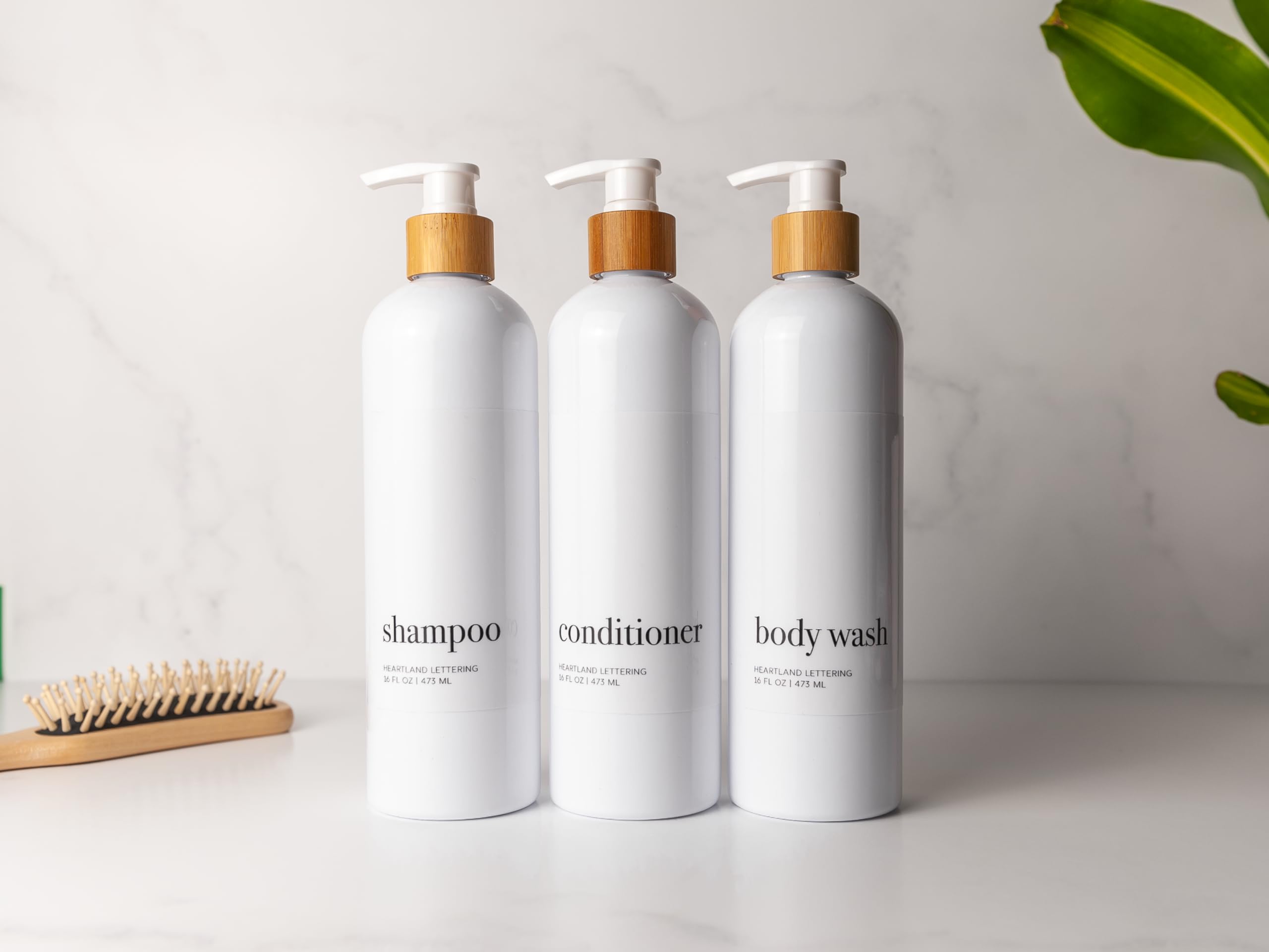 Refillable Shampoo & Conditioner Dispenser Set - 3 Pack Modern Plastic Shower Bottles with Bamboo Pumps & Waterproof Labels | Perfect for Bathroom Organization, Travel & Eco-Friendly Home Use