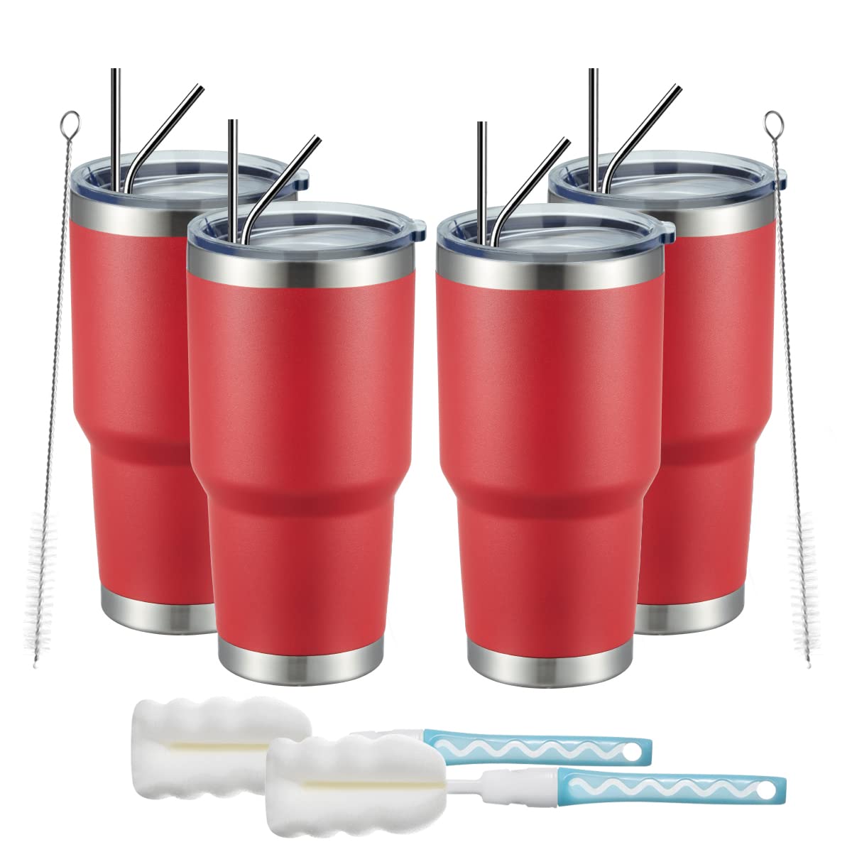 MEWAY 30oz Stainless Steel Vacuum Insulated Tumbler with Lid & Straw - Double Wall Thermal Coffee Cup for Hot & Cold Drinks - Powder Coated Durable Travel Mug for Office, Gym, Camping & Outdoor Activities (Coral Red, 4 Pack)