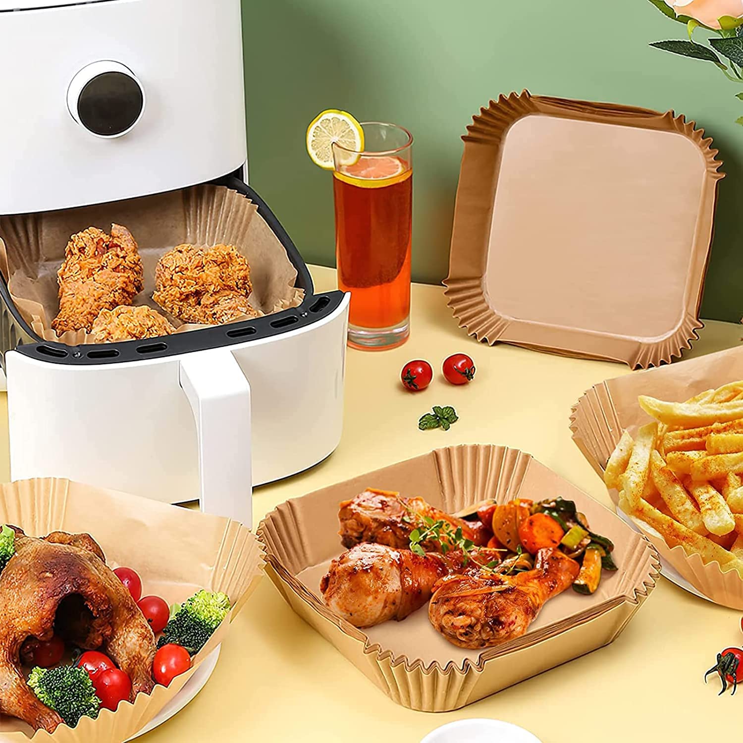 10 Inch Large Air Fryer Disposable Paper Liners - 100PCS Non-Stick Parchment Paper Pads, Oil Resistant & Waterproof Baking Sheets for Roasting, Microwaving - Perfect for Air Fryers, Toaster Ovens & Meal Prep