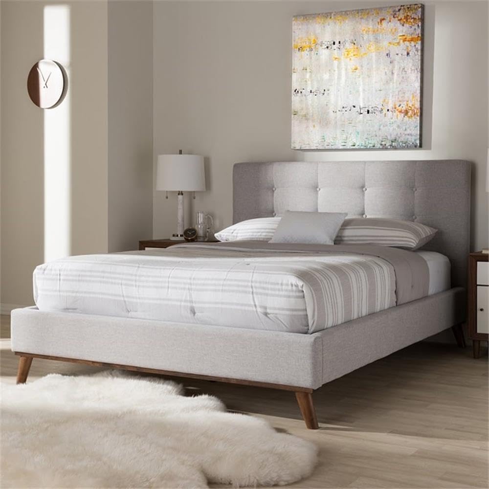 Baxton Studio Valencia Upholstered Queen Size Platform Bed Frame - Grayish Beige Fabric Headboard & Modern Minimalist Design | Perfect for Master Bedroom, Guest Room & Small Space Apartments