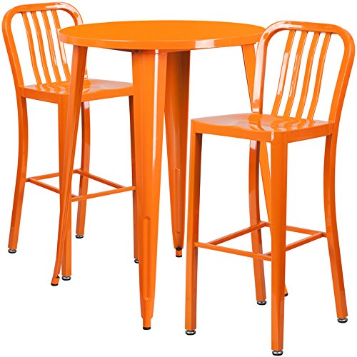 StarSun Depot 30 Inch Round Orange Metal Bar Table Set with 2 Bar Stools - Indoor Outdoor Bistro Dining Set for Patio, Garden, Poolside & Backyard (30